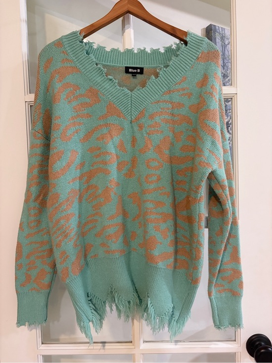 Blue B Sweaters - Blue B Mint Green Tan Leopard Print V Neck Sweater Distressed Fringe Trim Boho